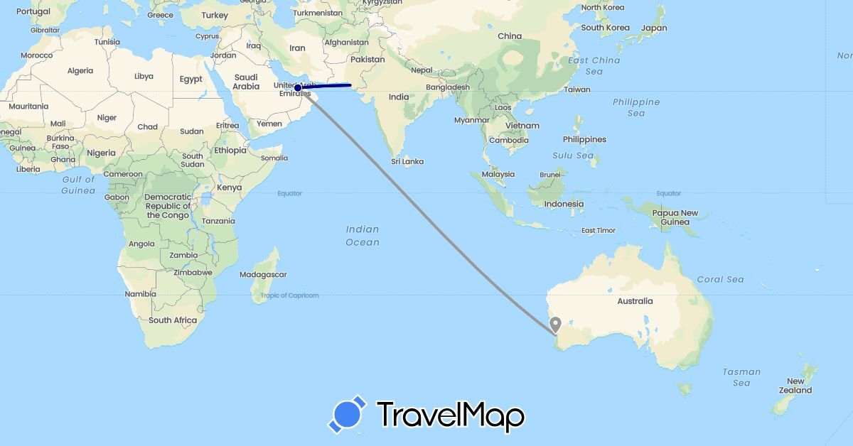 TravelMap itinerary: driving, plane in United Arab Emirates, Australia, Pakistan (Asia, Oceania)
